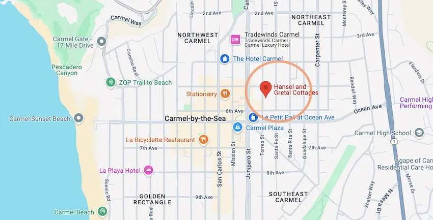 Sur le plan de la ville, les rues où vous trouverez le plus grand nombre de cottages à Carmel-by-the-Sea.
