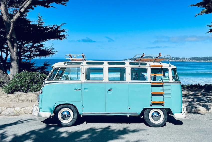 Surf van on the beach of Golden Rectangle neighborhood in Carmel-By-The-Sea